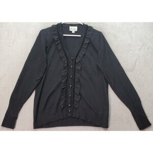 Linea by Louis Dell'Olia Cardigan Womens S Black Beaded Ruffle Trim Button Front
